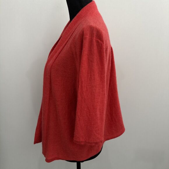 Eileen Fisher Large Pink Coral 100% Cashmere 3/4 Sleeve Cardigan Sweater W/hole - Picture 13 of 15